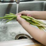 Person washing fresh vegetables in kitchen sink