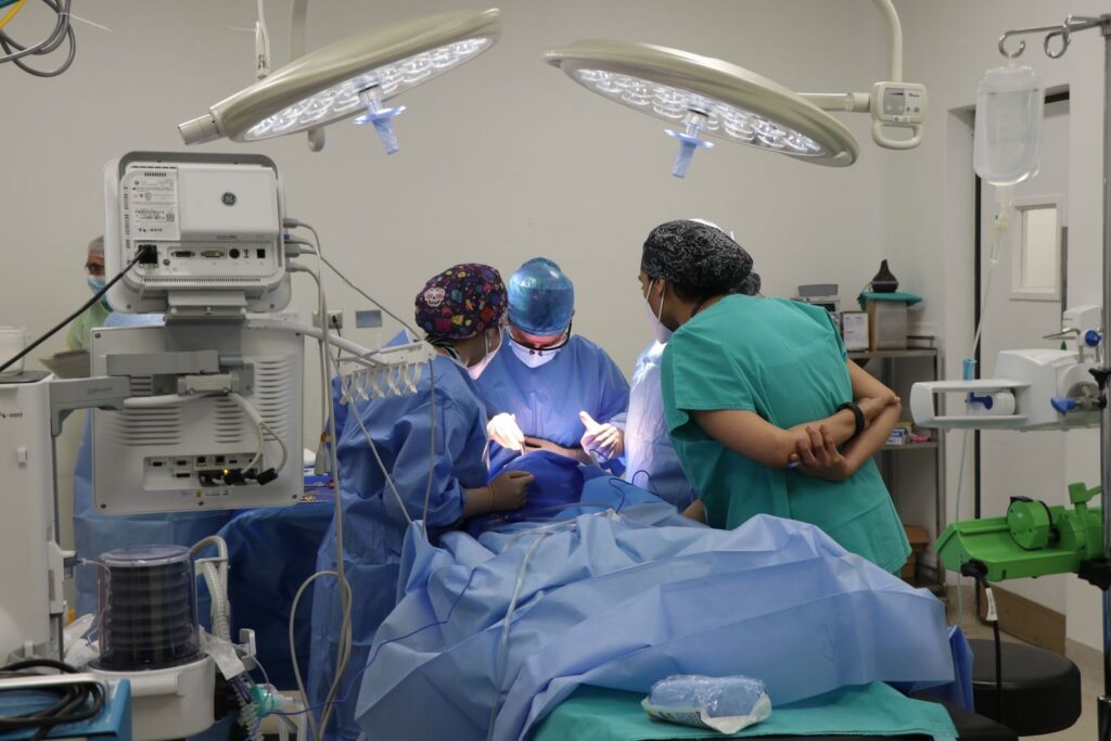 Genetically modified pig kidney transplant surgery team in operating room
