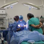 Genetically modified pig kidney transplant surgery team in operating room