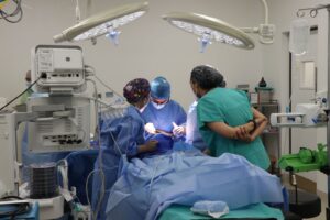 Genetically modified pig kidney transplant surgery team in operating room